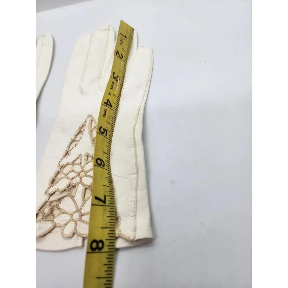 Vintage White Leather Gloves Womens Floral Lace Cutout Insert Wrist